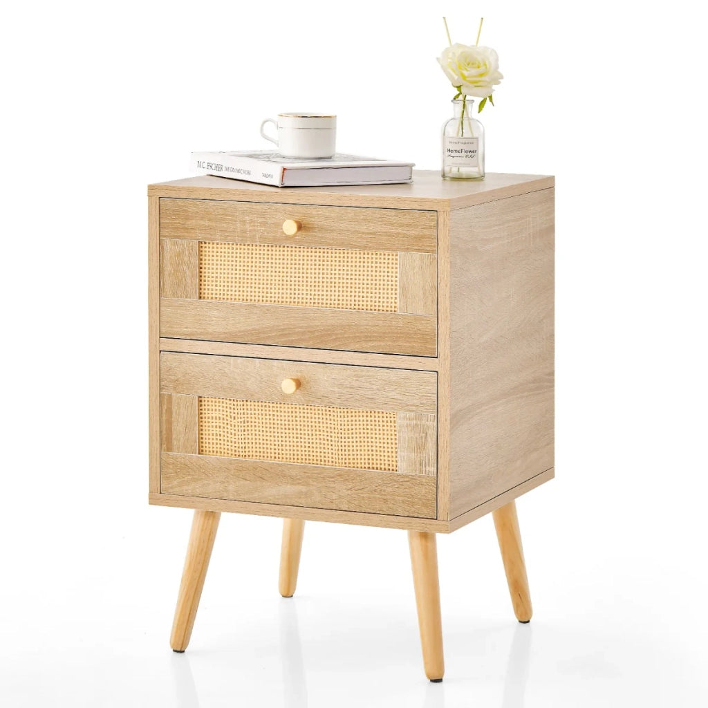 Comodino in rattan per camera da letto 40 x 40 x 59 cm con 2 pratici cassetti stile bohémien in MDF naturale 20_0017244