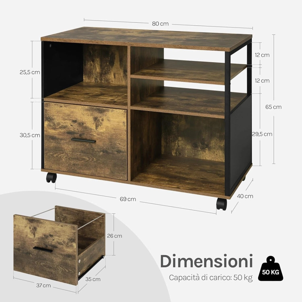 Schedario da Ufficio con 4 Scomparti a Giorno, Mobile da Ufficio per Documenti con Ruote, Mobile Vintage per Stampante con 1 Cassetto, in Legno e Metallo, Marrone Rustico e Nero, ASK05hov
