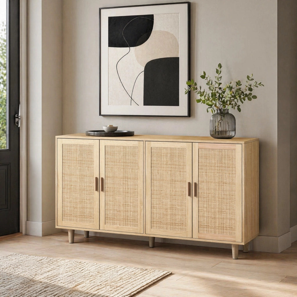 Armadio contenitore a 4 ante in rattan naturale 158 x 40 x 88 cm con ripiano regolabile