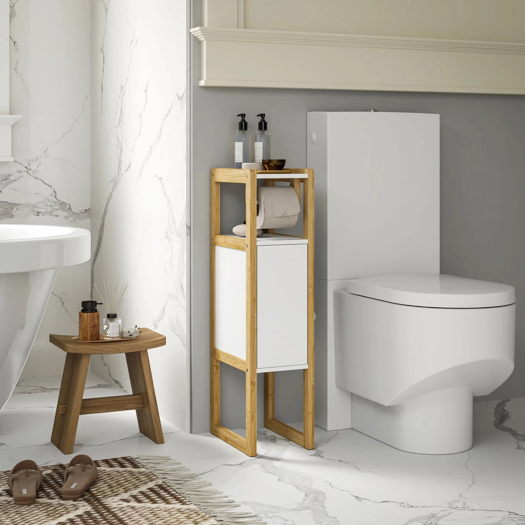 Mobile Bagno Salvaspazio con Porta Carta Igienica, Armadietto e Ripiano in Bamb¨´, 20x33x80cm, Bianco