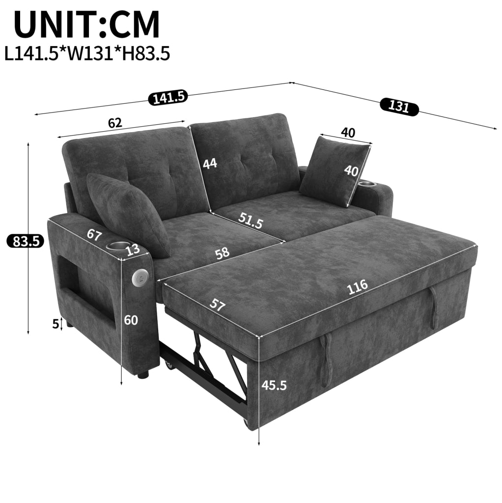 Divano letto estraibile 2 posti con LED; USB e Type-C; portabevande; ciniglia grigio