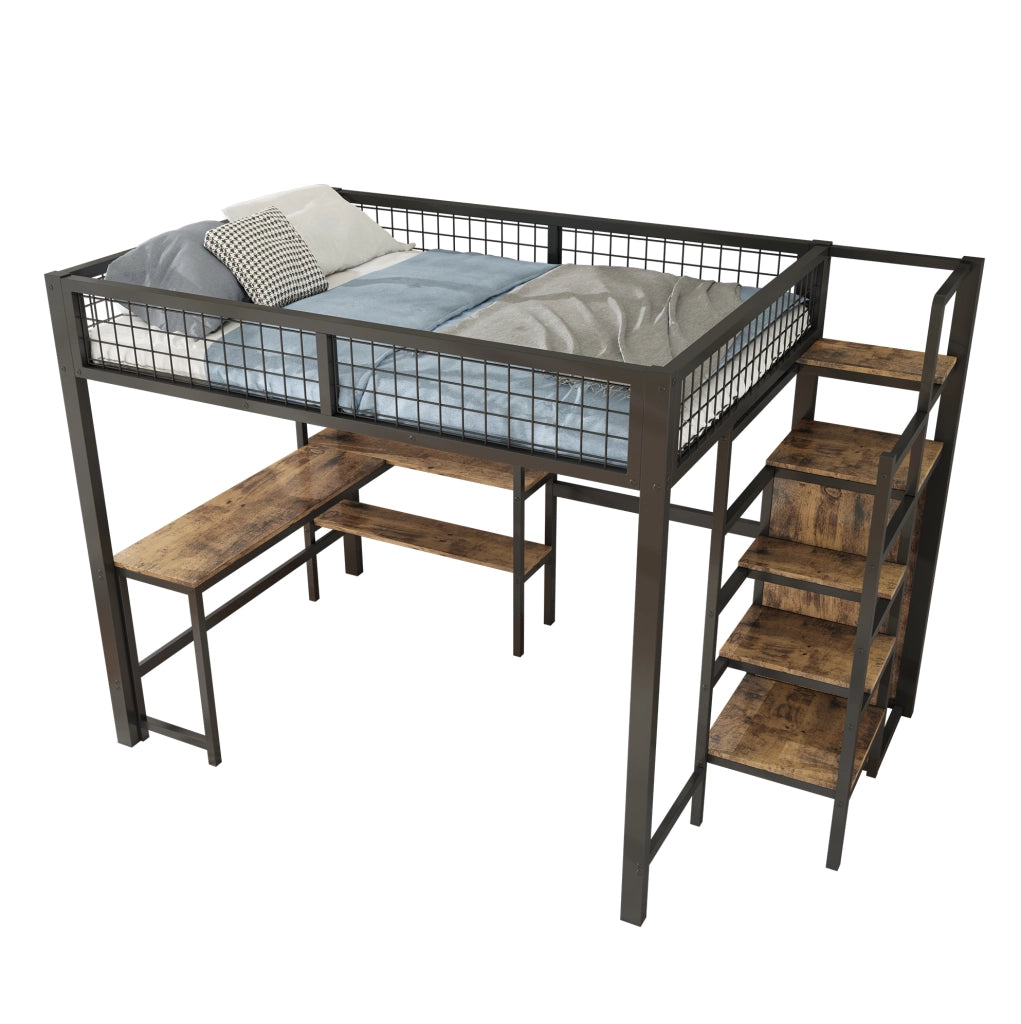Hochbett con scrivania; armadio e ripiani 140x200 cm; nero/marrone