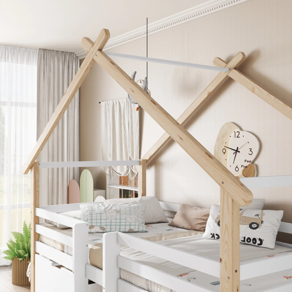 OKWISH Letto a Casetta 90×200 cm, Letto Singolo con Scala, 2 Contenitori con Ruote e Sponda su 4 Lati, senza Materasso, Bianco Naturale