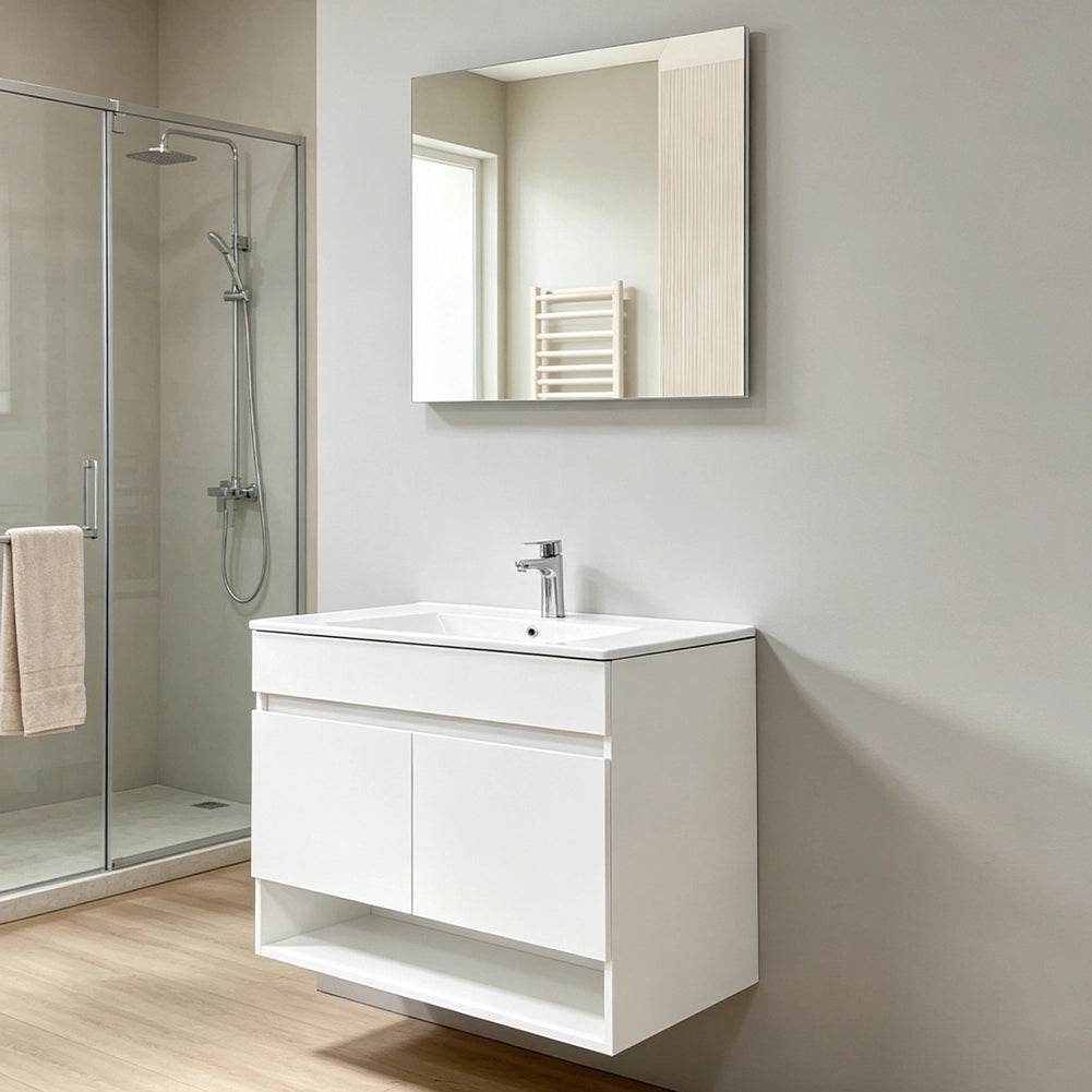 Set Completo Mobile da Bagno Sospeso 85.5cm Due Ante Bianco Specchio e Accessori