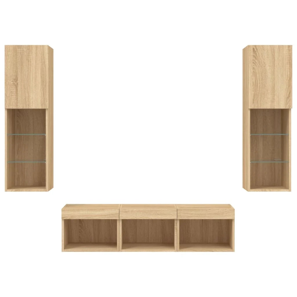 Mobile TV multimediale scaffale TV credenza mobile TV sala da pranzo soggiorno camera da letto con illuminazione a LED 5 pezzi legno ingegnerizzato rovere Sonoma marrone 02_0029417