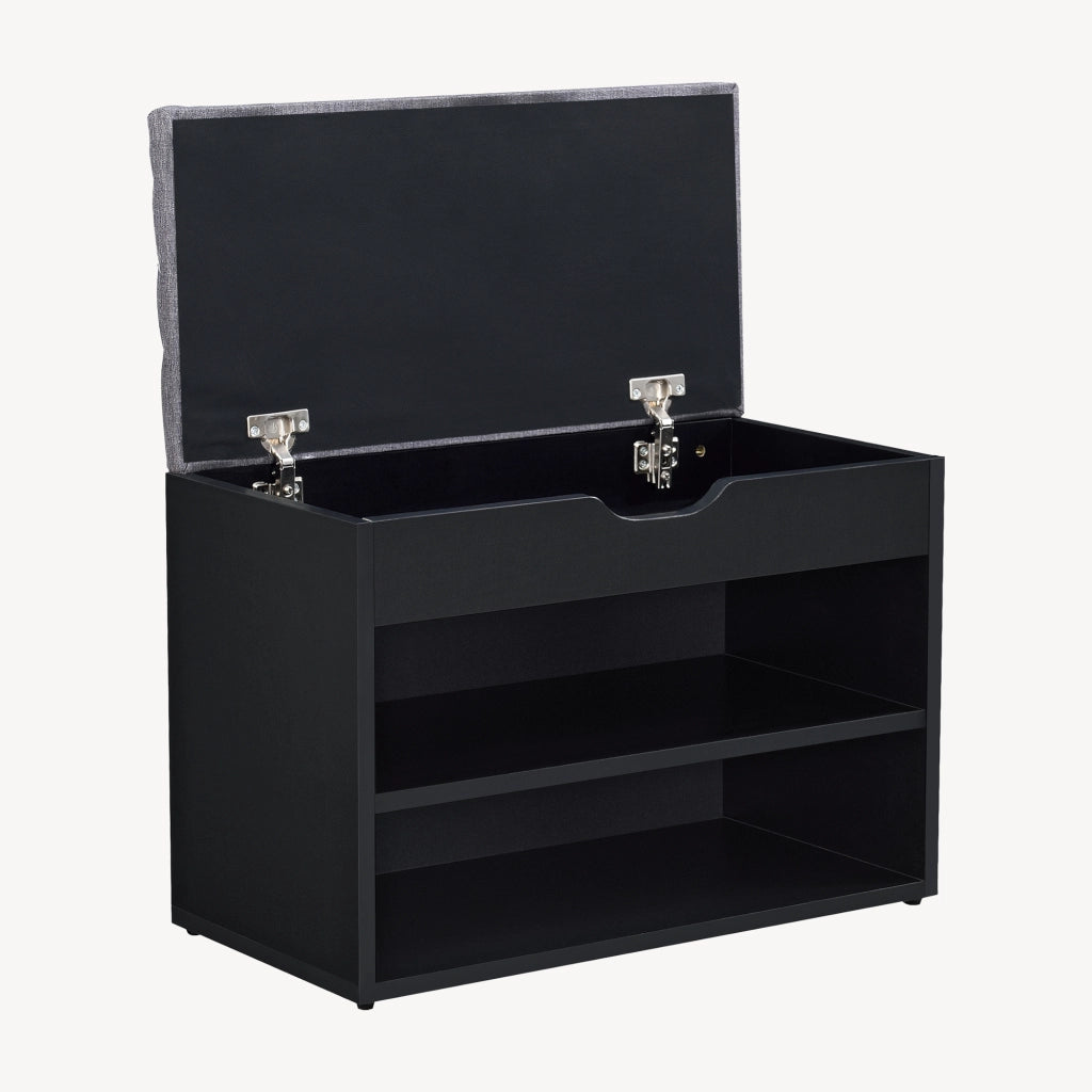 Panchina Portascarpe con Seduta Apribile (AxLaxP) 46 x 60 x 30 cm Panca da Ingresso/Corridoio Mobiletto con Seduta Imbottita, Contenitore e 2 Ripiani - Nero/Grigio