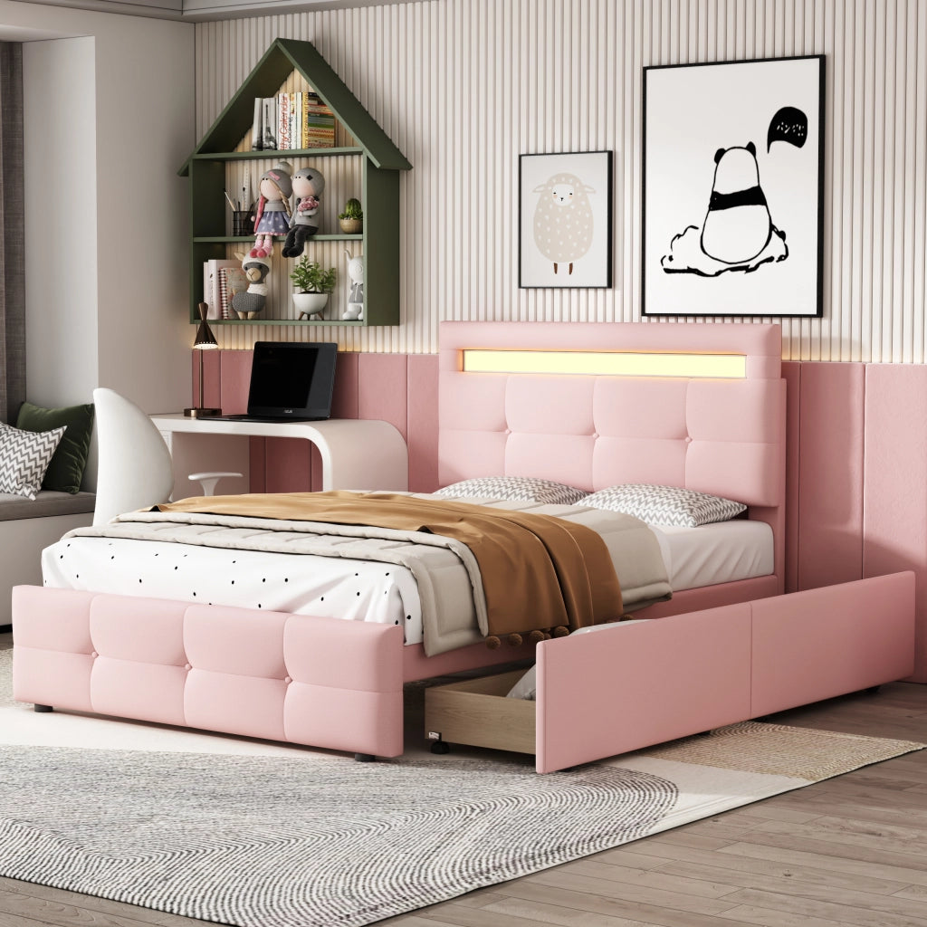 Letto singolo 90×200 cm con 2 cassetti; LED; testiera regolabile; senza materasso; legno; rosa