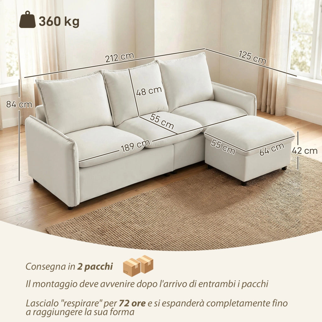 Divano Angolare 3 Posti Modulare in Tessuto con Contenitore e Poggiapiedi ¨C Zephmum ¨C Crema