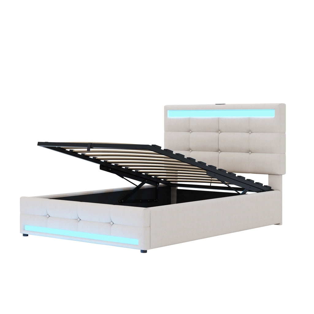 Letto singolo 90×200 cm con LED RGB; USB e testiera regolabile; senza materasso; tessuto; beige