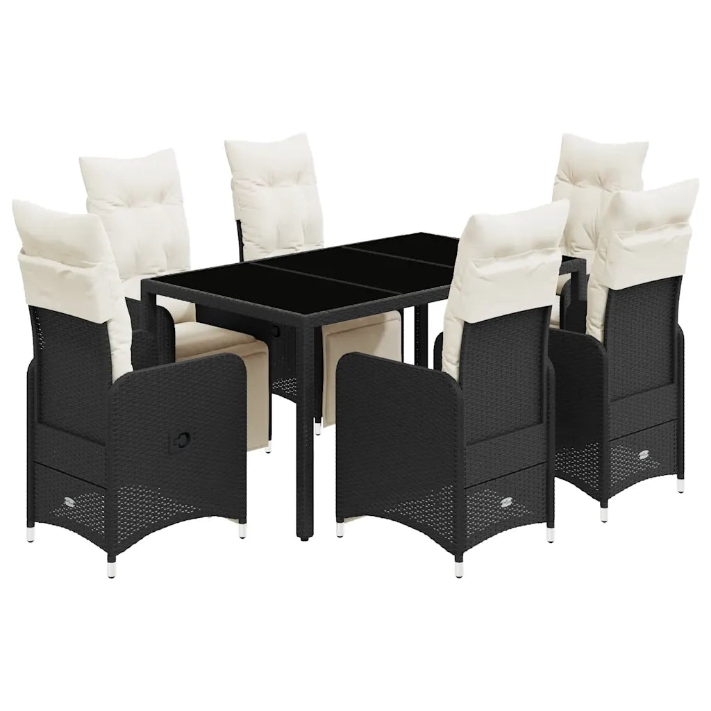 Set da BistrÃ² da Giardino 7 pz con Cuscini Nero in Polyrattan