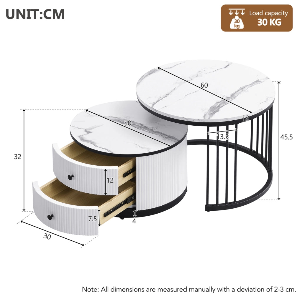 Set di 2 tavolini da caffè rotondi con finitura effetto marmo lucido; bianco e nero; MDF