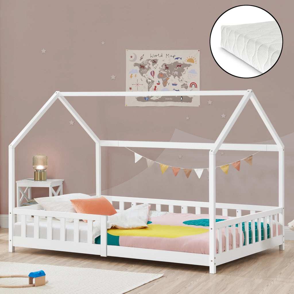 Letto Singolo Hesel per Cameretta Forma di Casetta con Materasso 90 x 200 cm Bianco [en.casa]