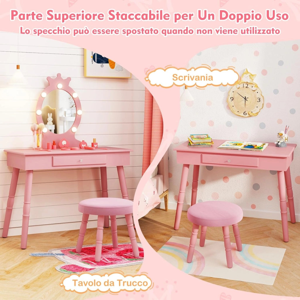 Set Toeletta Trucco per Bambina con Sgabello, Specchiera Trucco Staccabile con Luci LED a 3 Colori, Postazione Trucco Giocattolo con Cassetto e Accessori, per Bambine di 3-7 Anni (Rosa)