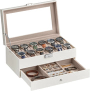 Porta Orologi a 12 Posti, Scatola Portaorologi a 2 Livelli, Coperchio in Vetro, Chiusura, Cassetto, Idea Regalo, Superficie in PU Bianca Nuvola, Interno Beige Cappuccino JWB012W01