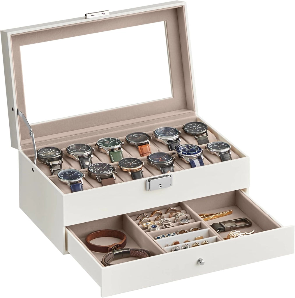 Porta Orologi a 12 Posti, Scatola Portaorologi a 2 Livelli, Coperchio in Vetro, Chiusura, Cassetto, Idea Regalo, Superficie in PU Bianca Nuvola, Interno Beige Cappuccino JWB012W01
