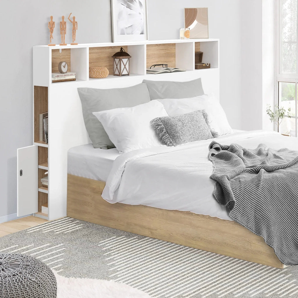 IDMarket - Testiera CLEO 145 CM con contenitori bianchi e faggio