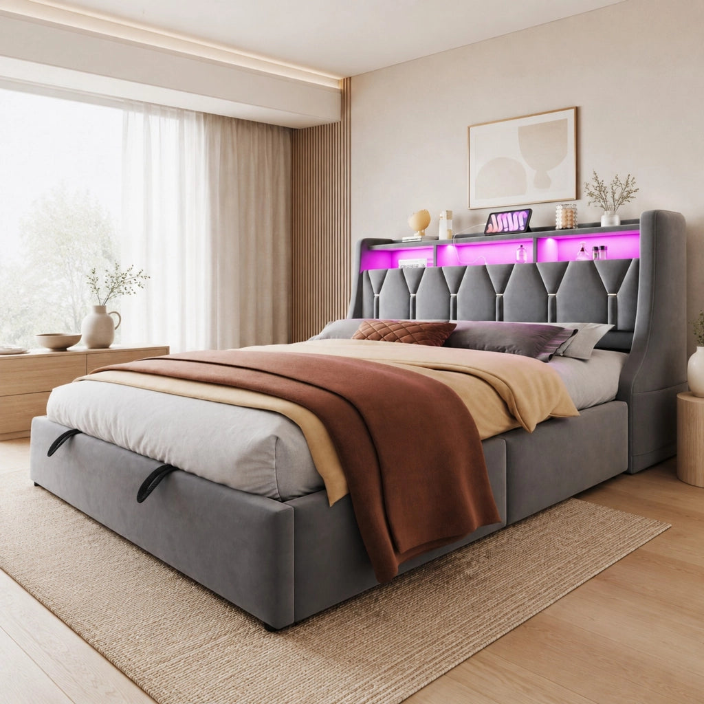 Letto matrimoniale imbottito 180x200 cm con contenitore idraulico, testiera ribaltabile, LED, prese USB e Type-C, velluto grigio