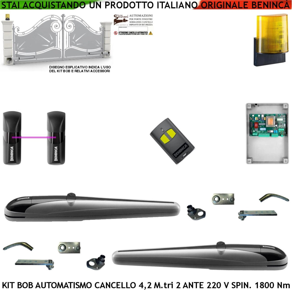 Kit BOB Automazione Cancello 4,2 Metri 2 Ante Motori Elettromeccanici 230 V Corsa 325 mm Spinta 1800 Nm Sblocco a Chive Staffe Fissaggio Radiocomando Coppia Fotocellule Lampeggiatore a Led con Antenna