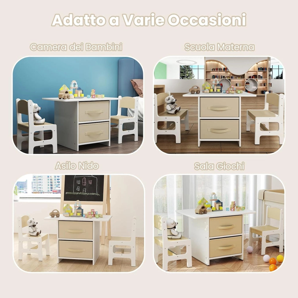 Set Tavolo e Sedie per Bambini 1-7 Anni, Tavolino in Materiale Atossico e Indore con 2 Sedie Ergonomiche con Schienale, Angoli Arrotondati, Ideale per Giocare, Disegnare e Leggere (Beige)