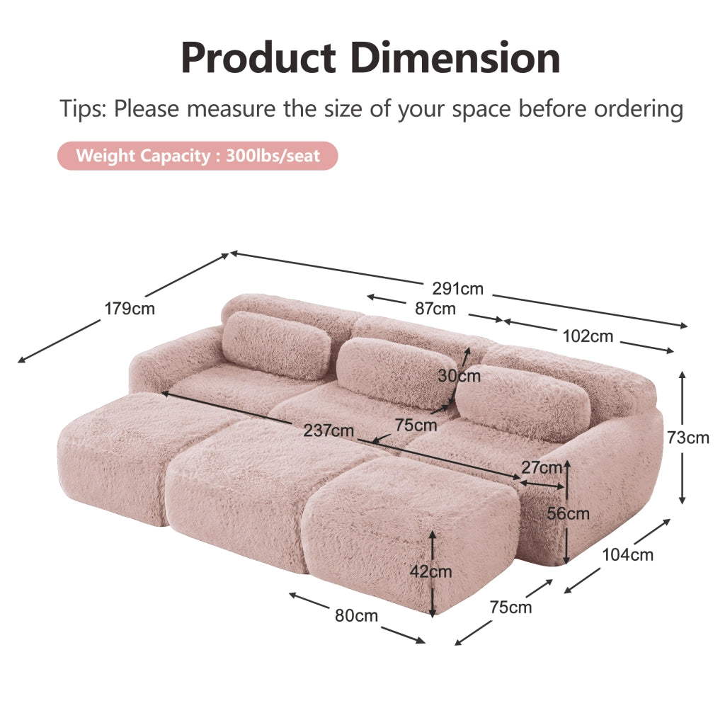 Divano Letto Modulare 3 Posti con Ottomane ¨C MINIMAL ¨C Velluto Rosa