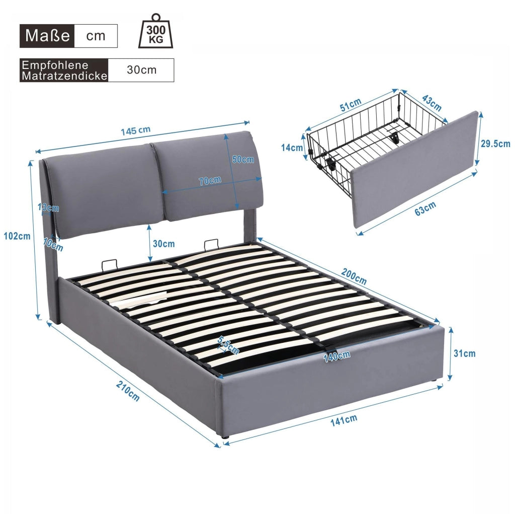 Letto matrimoniale 140x200 cm in velluto grigio con contenitore; 3 cassetti e testiera regolabile