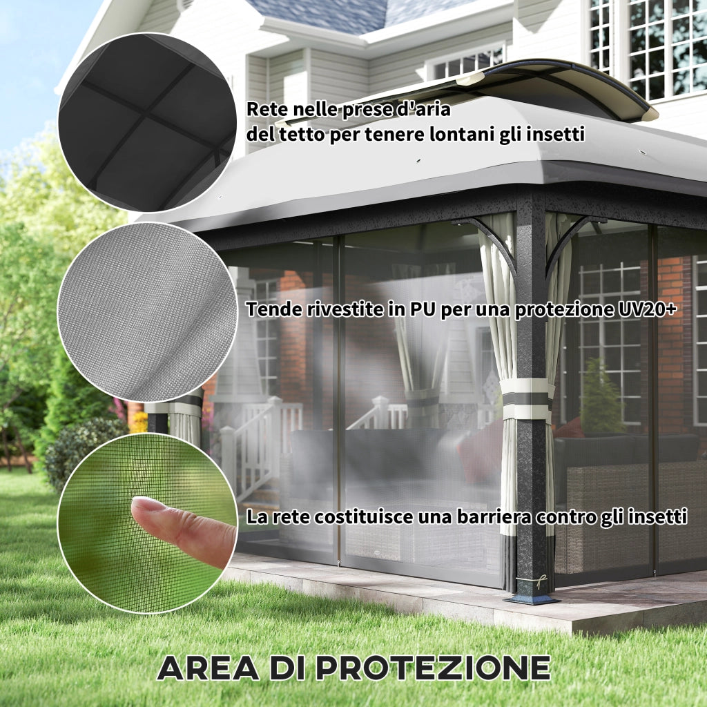 Gazebo da Giardino 4x3 m con Zanzariere e Doppio Tetto. in Metallo e Poliestere Grigio Chiaro