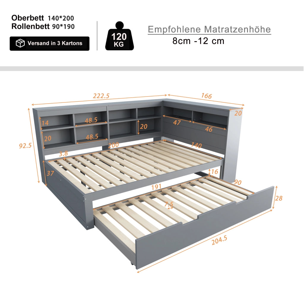 LETTO Multifunzionale 140x200 cm con letto estraibile 90x190 cm in legno grigio