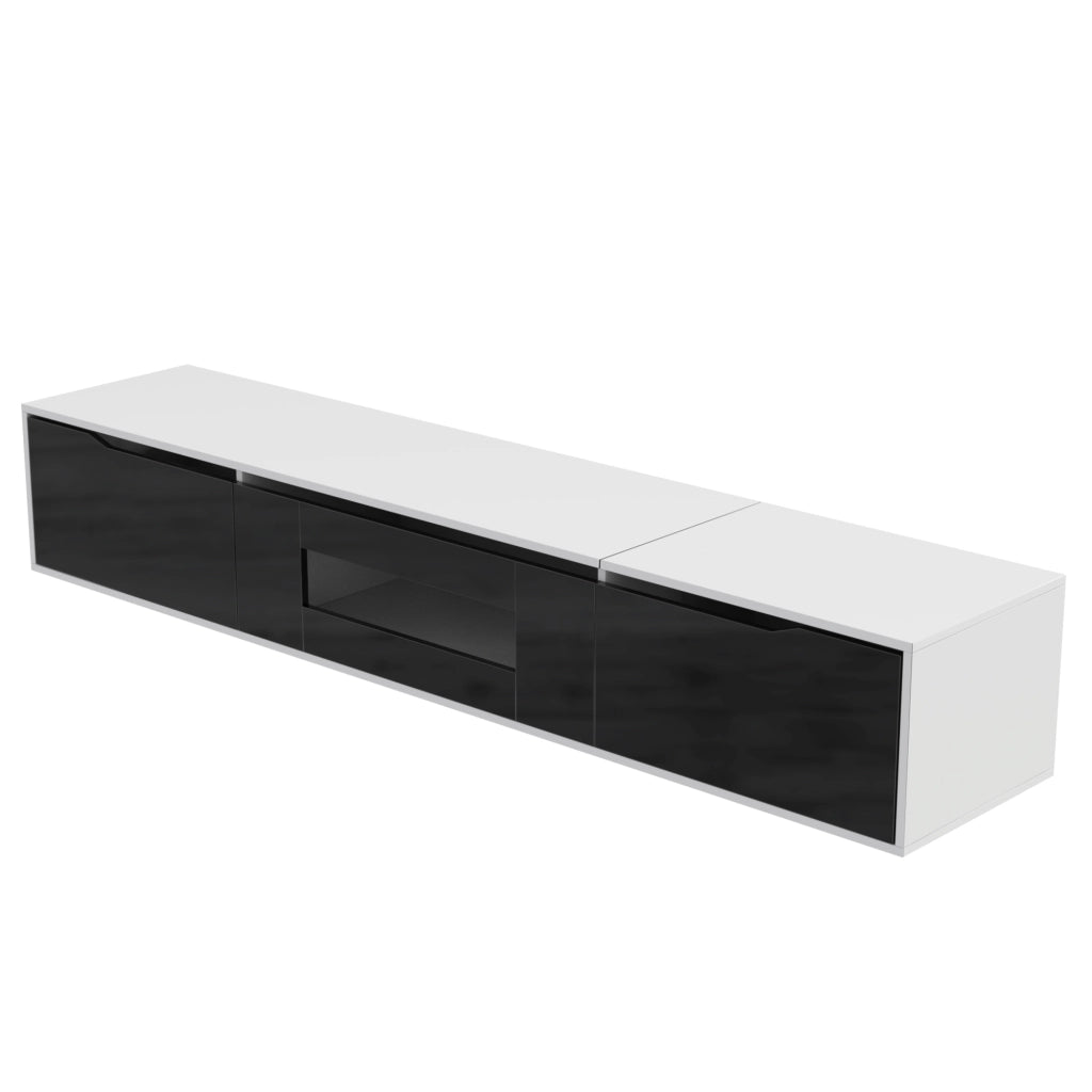 Mobile TV moderno 180x30x35 cm bianco e nero con LED multicolore, ante rigate e finitura lucida