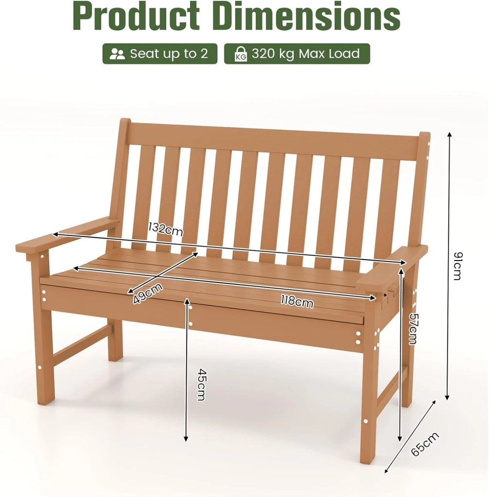 GIANTEX Panca da giardino per 2 persone, panca da parco in plastica con schienale alto, panca da esterno, resistente alle intemperie, per giardino, patio, terrazza, 132 x 65 x 91 cm