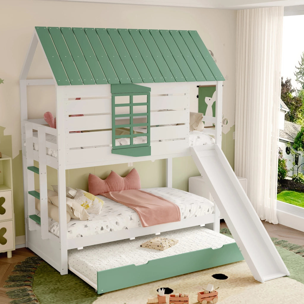Letto a Castello 90x200 cm con Letto Estraibile; Scivolo; Tetto a Casetta e Finestra