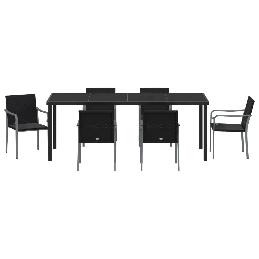 Set da pranzo per il giardino in 7 pezzi con cuscini in polyrattan neri