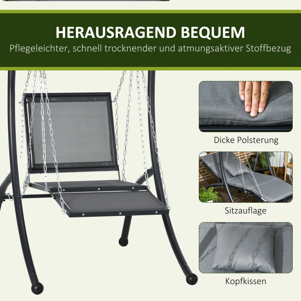 Altalena da giardino Hollywood con cuscini e parasole regolabile, grigio scuro, per giardino e terrazzo.