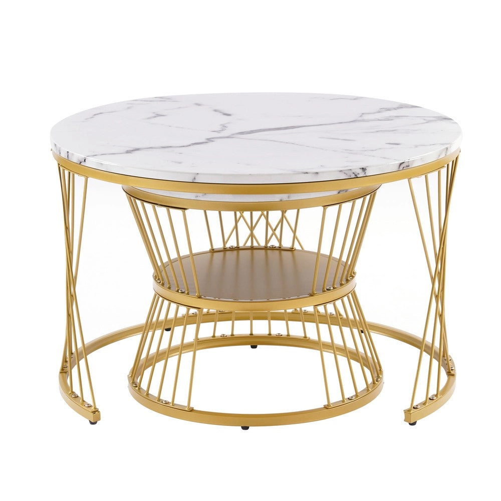 Tavolini da Salotto Set 2 Pezzi Rotondi ¨C MINIMAL ¨C Piano Effetto Marmo, Struttura Metallo Dorato
