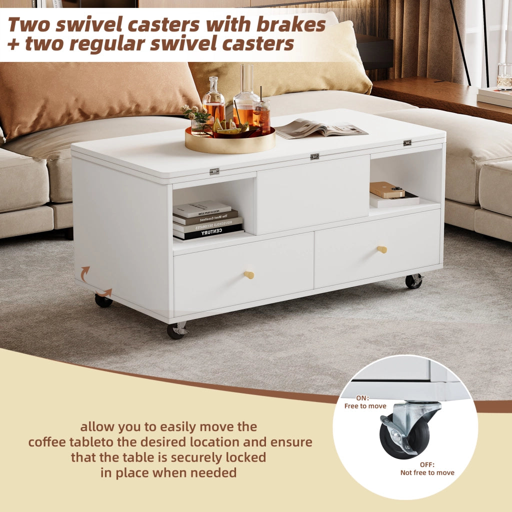Tavolino Da Salotto Sollevabile con 4 Cassetti e Piano Ribaltabile; Idraulico; Stile Moderno; in MDF; 100×50×47;5 cm; Bianco