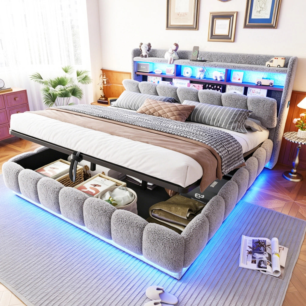 Letto imbottito 180x200 cm con LED, USB e vano idraulico