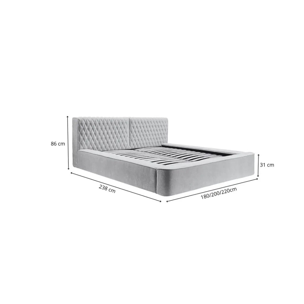 Lit coffre VERNON – Tessuto ciniglia bouclé Sabbia rosata – 140x200 cm – Rete sollevabile – Design di alta gamma
