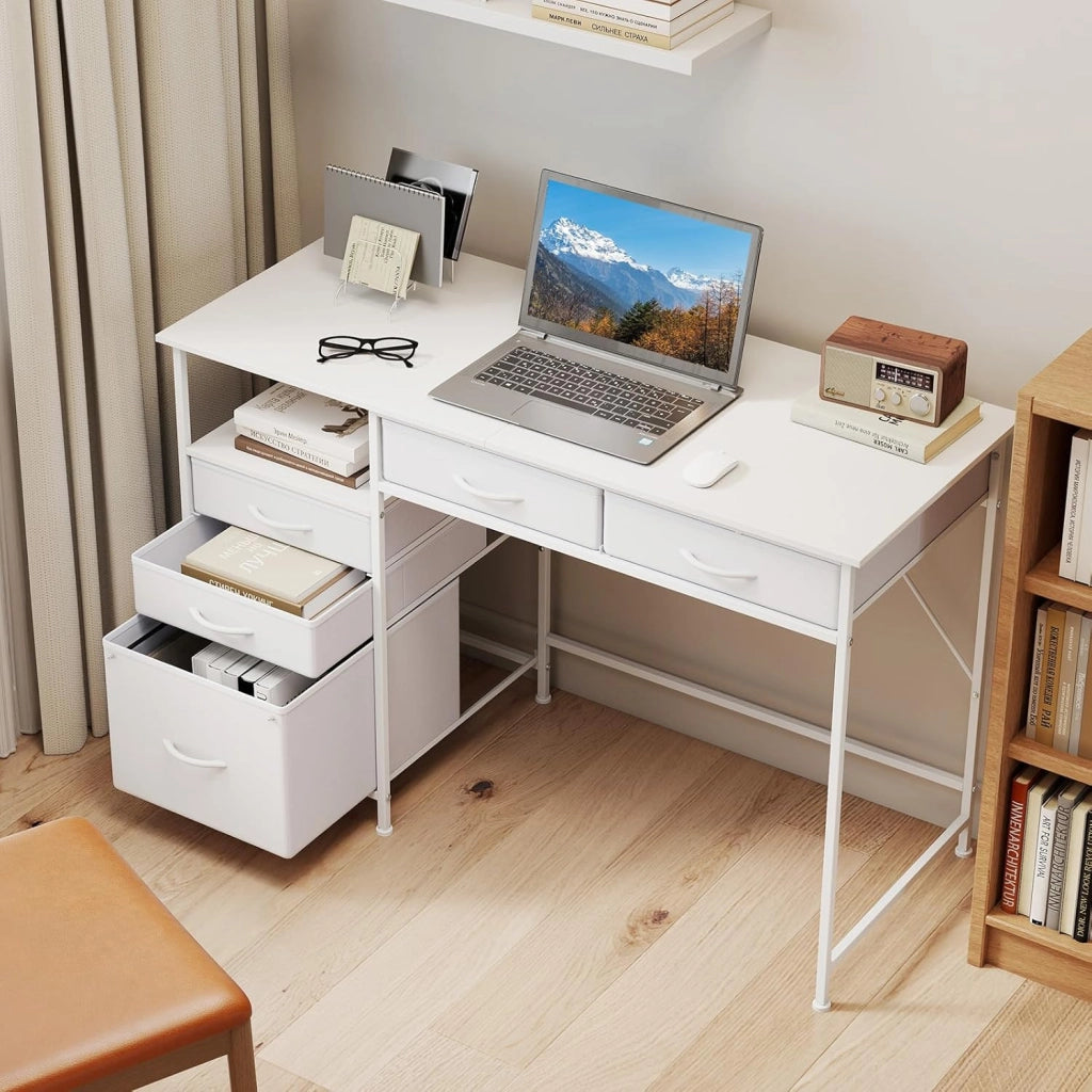 Scrivania per Computer 120 x 50 cm, Scrivania con Mensola, Cassetti in Tessuto e Struttura in Metallo, Scrittoio per PC per Ufficio, Camera da Letto e Studio (Bianco)