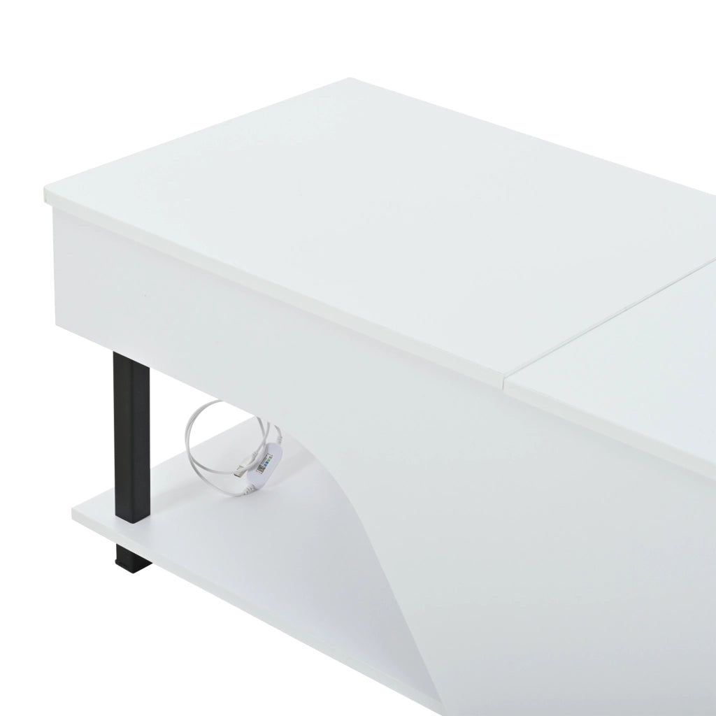 Tavolino basso sollevabile con vano portaoggetti nascosto e ripiani laterali in truciolare bianco 50 × 100 × 46 cm