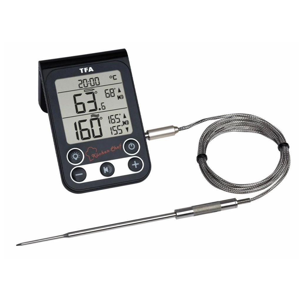 TFA 14.1512.01 Termometro Digitale per Cucina con Sonda in Acciaio Inox Allarme Temperatura e Orologio colore Nero