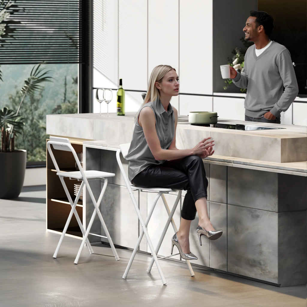 Set di 2 Sgabelli da Bar Pieghevoli con Schienale ¨C Zephmum ¨C Bianco con Struttura in Metallo