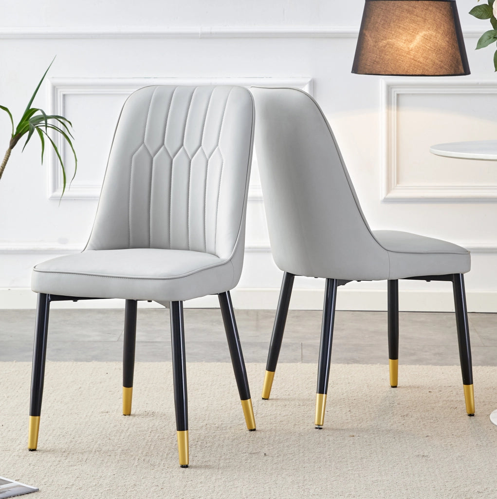 Sedia da pranzo moderna grigio chiaro con schienale imbottito e gambe in metallo nero stabile