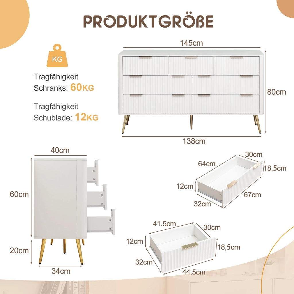 Settimanale con 7 cassetti e chiusura ammortizzata, maniglie in metallo, per ingresso, in MDF bianco, 145 × 40 × 80 cm