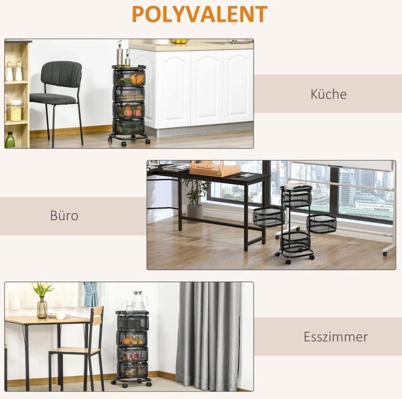 Carrello cucina con 4 ripiani girevoli e ruote, nero, 33x33x77 cm
