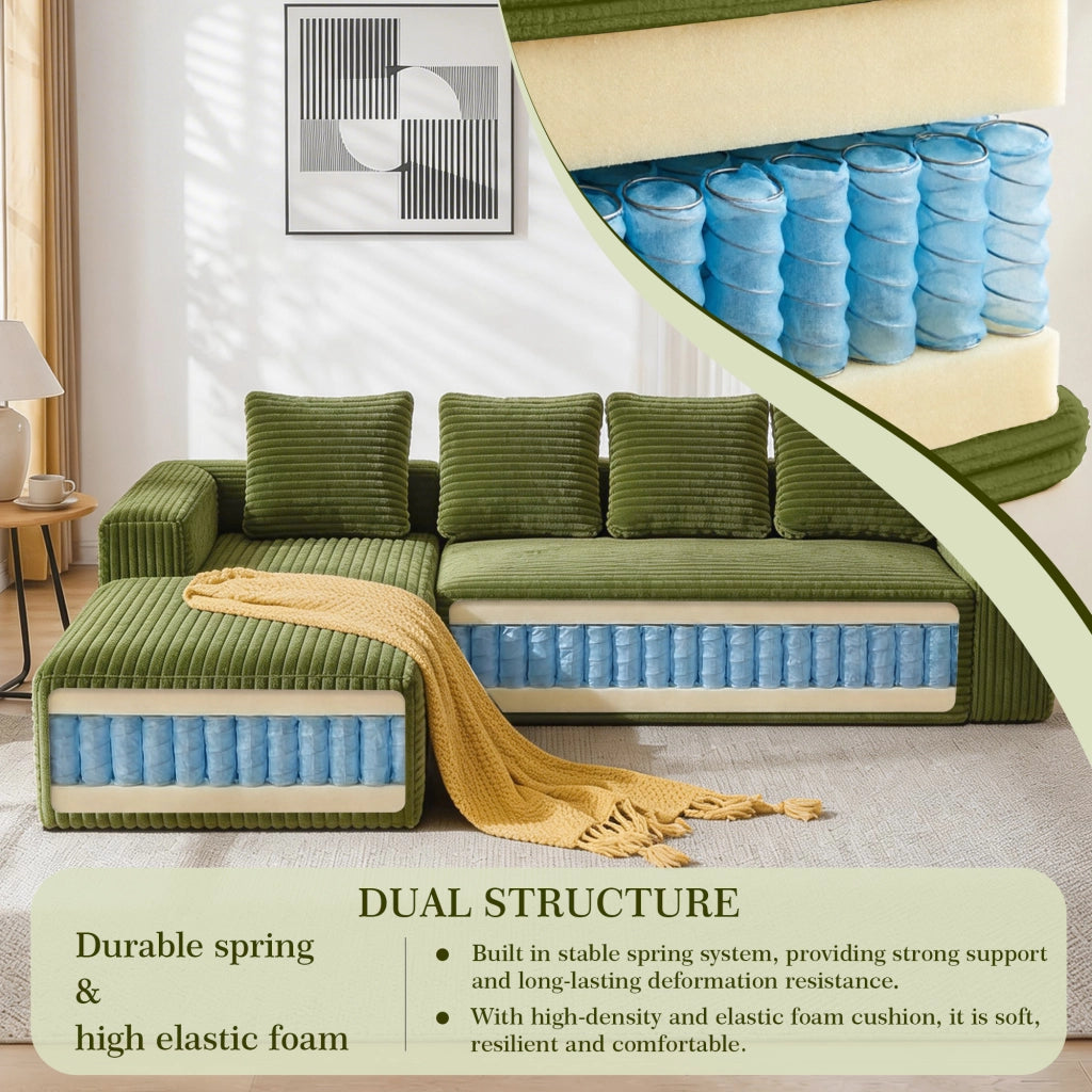 Divano angolare modulare reversibile con chaise longue e seduta profonda in velluto a coste verde 261 × 168 × 58 cm