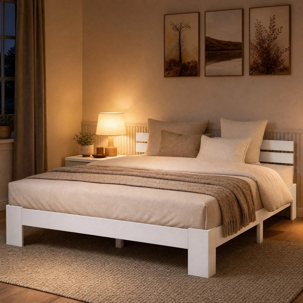 Letto matrimoniale 140x200 cm in legno massello di pino bianco con rete a doghe
