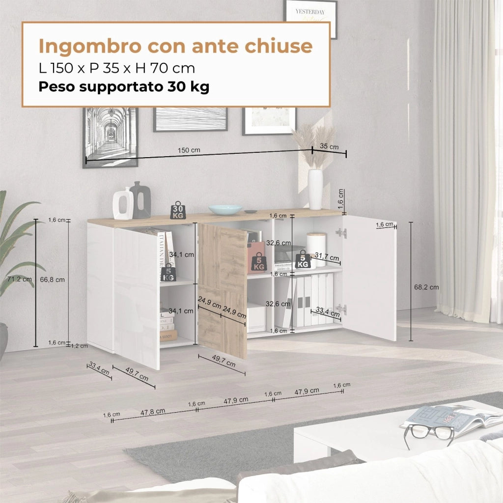 WHOUS Credenza sospesa Iseo con 3 ante e 6 scomparti interni bianco lucido e rovere 150x35x70 cm