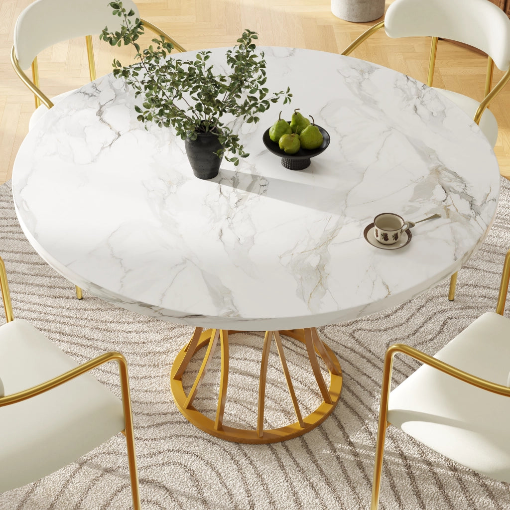 Tavolo da pranzo rotondo con piano in MDF effetto marmo e gambe in metallo, con piedini regolabili, 80 × 80 × 76 cm