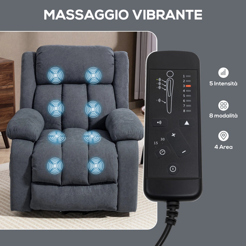 Poltrona Elettrica Alzapersona Reclinabile 135° con Poggiapiedi in Tessuto Effetto Lino Grigio Scuro