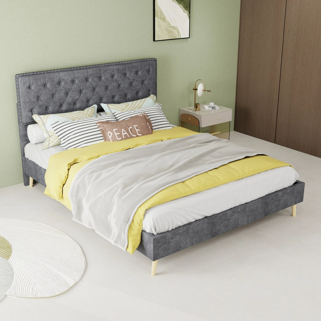 Letto imbottito 140x200 cm grigio con testiera alta e rete a doghe
