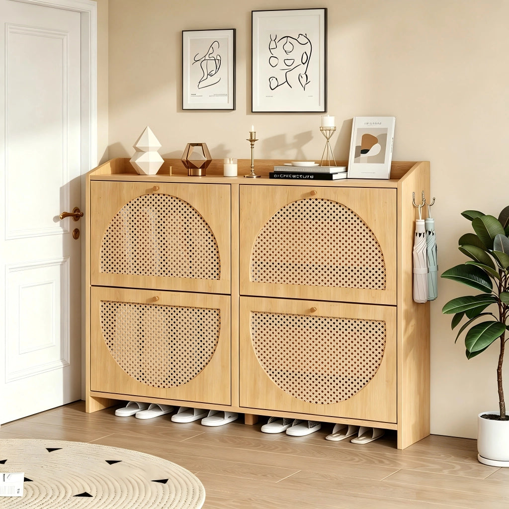 Scarpiera con 4 ante ribaltabili 8 vani e 2 ganci per ingresso in MDF finitura naturale moderna 120 × 24 × 90 cm